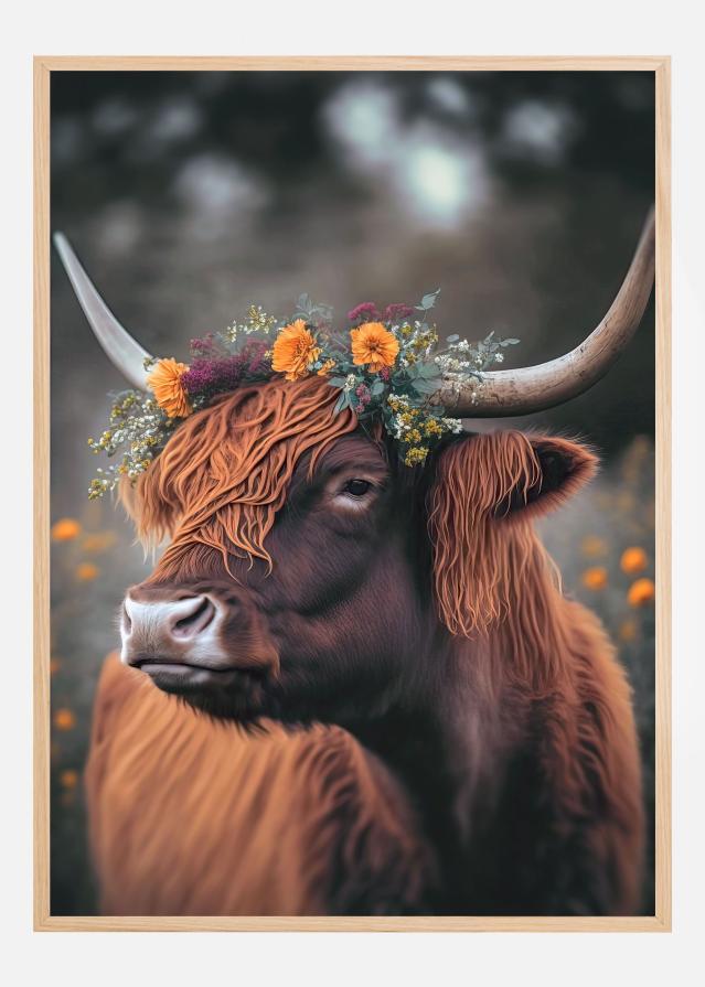 Highland Cow With Flowers Αφίσα