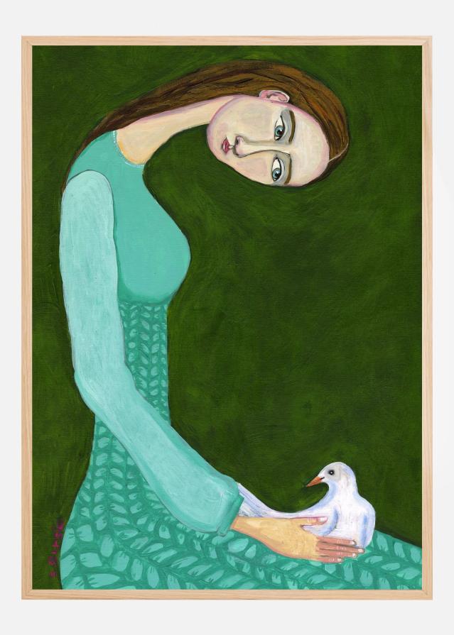 Lady sitting with white dove bird woman Αφίσα