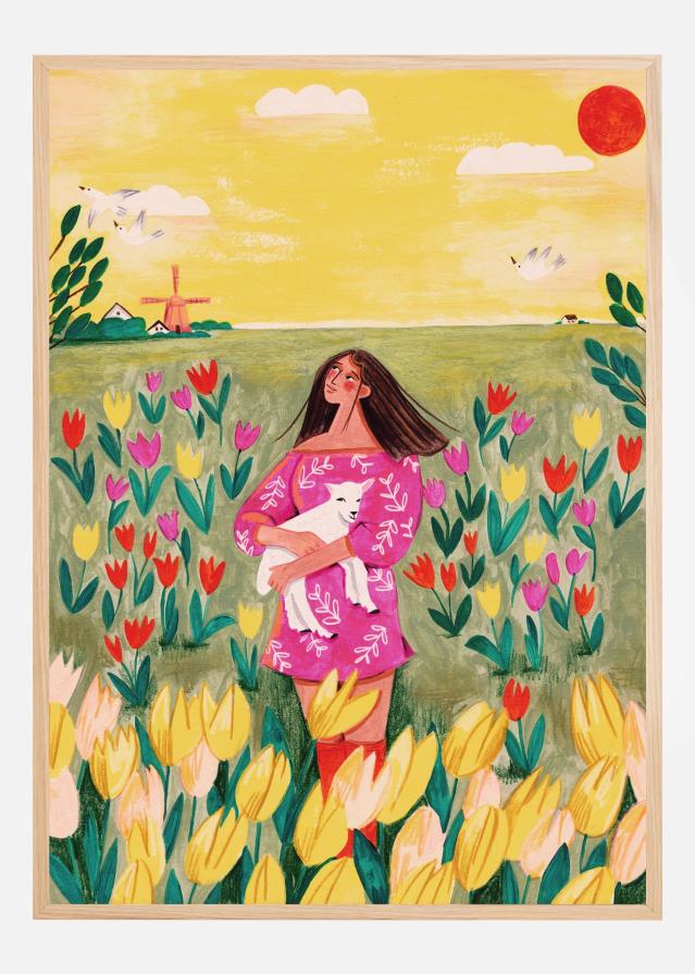 Woman in spring tulip field Αφίσα