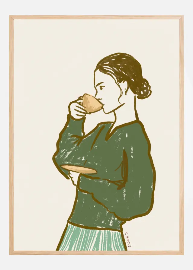 Woman Drinking Tea in Green Αφίσα