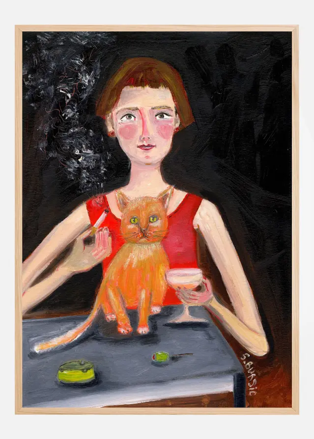 Vintage woman with cocktail and cat Αφίσα