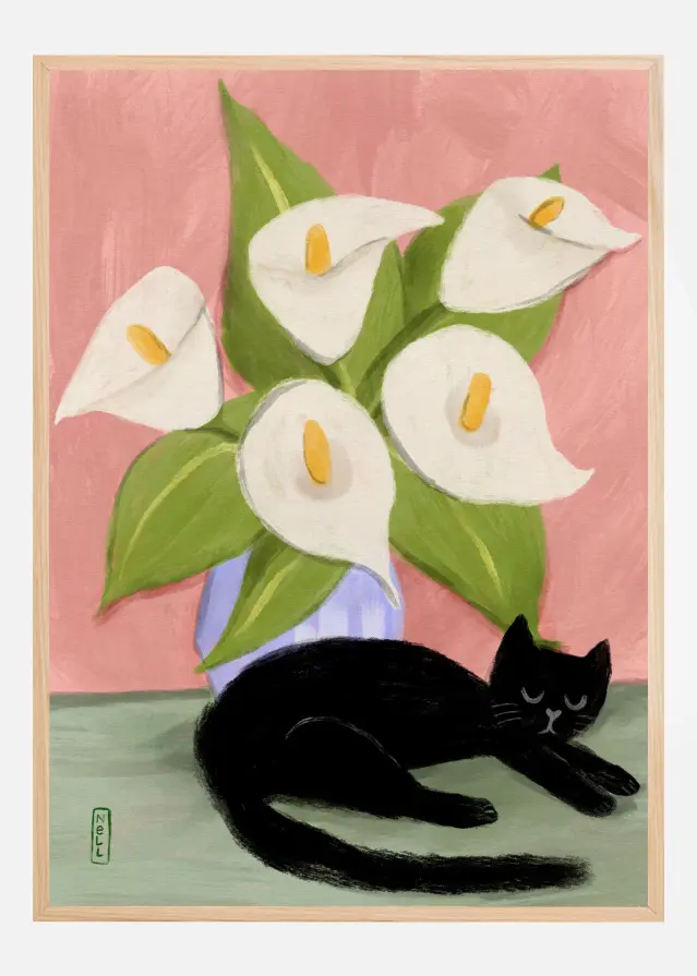 Lilies In a Vase and a Black Cat - Still Life Αφίσα