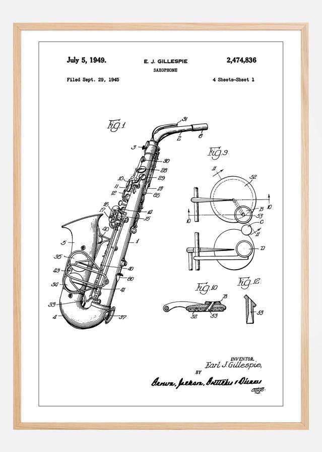 Patent Print - Saxophone - White Αφίσα