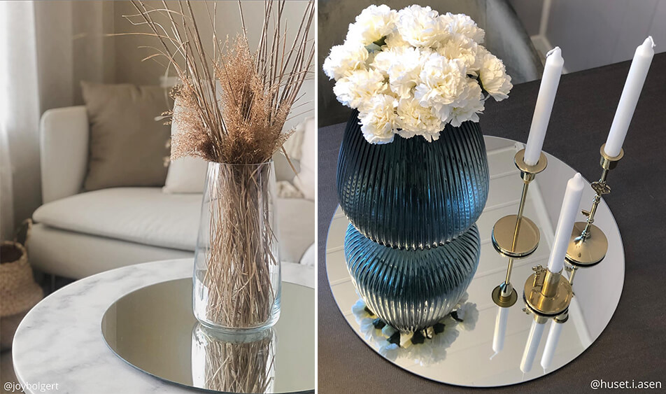 Στρογγυλός καθρέφτης ως δίσκος για κεριά και λουλούδια